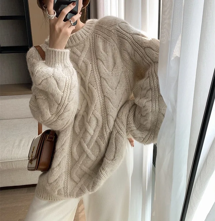 2022 Winter Autumn Chunky Knit Cable Loose Pullover Women Thick Knitted Sweater Knitwear