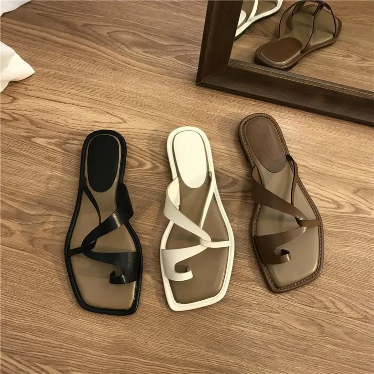 Women Open Toe Fashion Slide Sandals Comfortable Casual Summer Slip On PU Leather Flat Sandals Flip Flops Thong Sandals