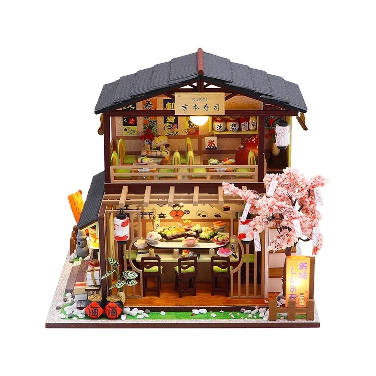 Hongda Japanese style M2011 Gibbon Sushi Wooden Doll House Diy Miniature Dollhouse Kit For Girls