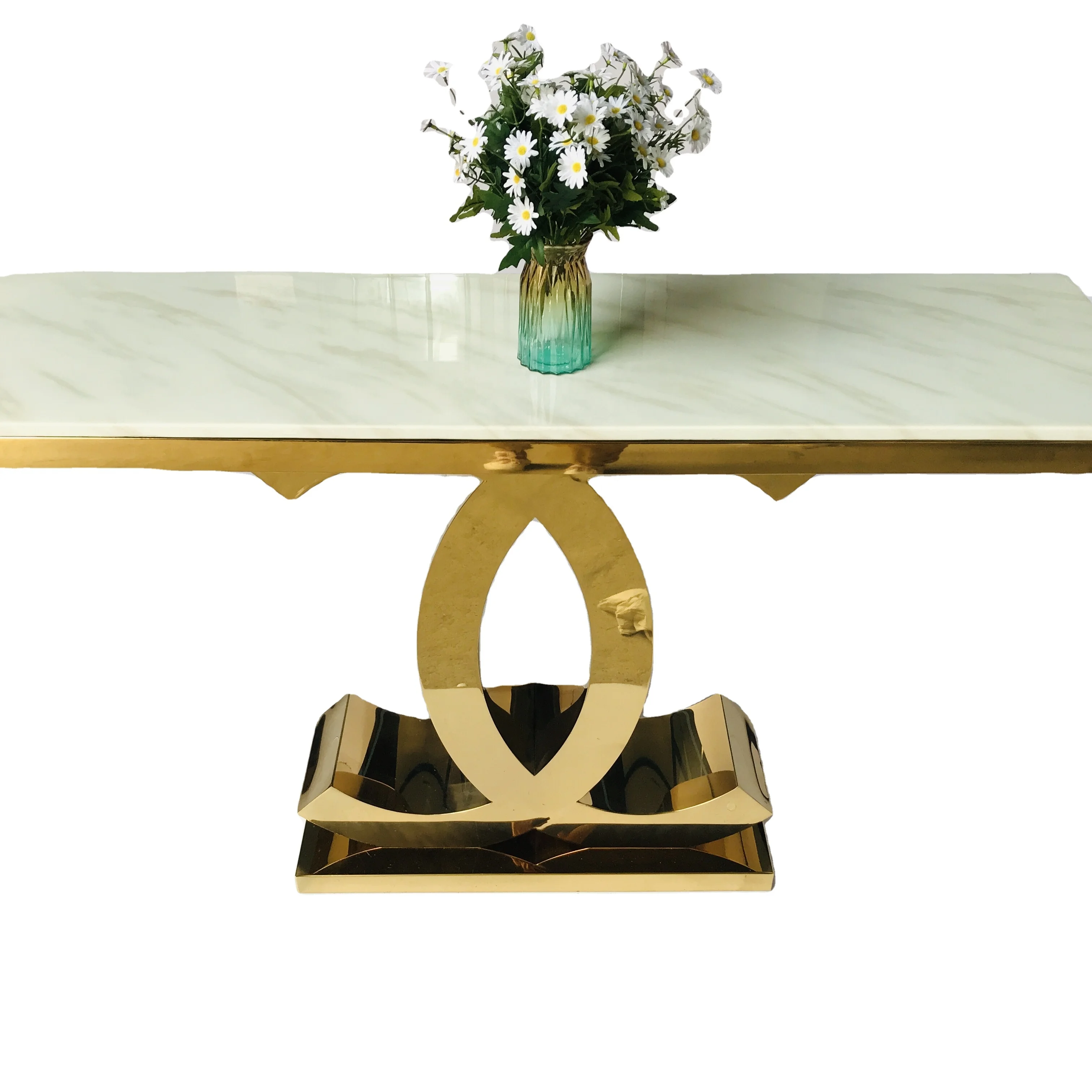 Foshan Factory Price CC Lamp Table Cc Shaped Stainless Steel High Gloss Gold Base Console Table With Marble Top