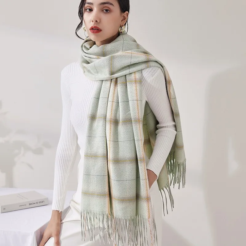factory wholesale custom thick plaid winter scarf ladies elegant cashmere pashmina  plaid tassel scarf