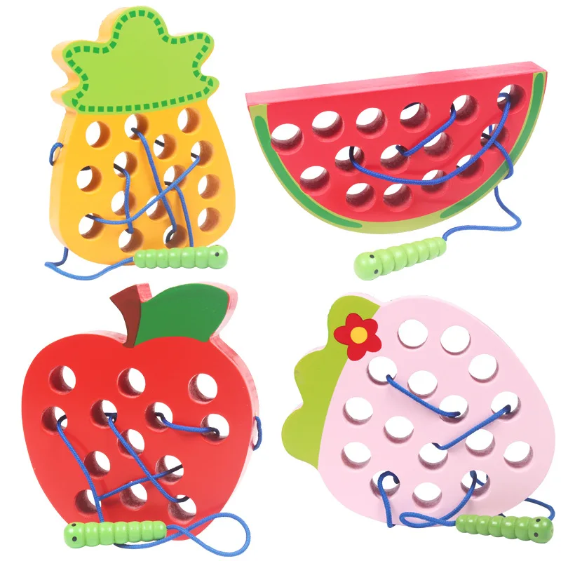 Wholesale 6 Months Baby Wooden Apple Sensory Toys Wood Montessori Educational Toys Children Threading Fruit Toys For Kids