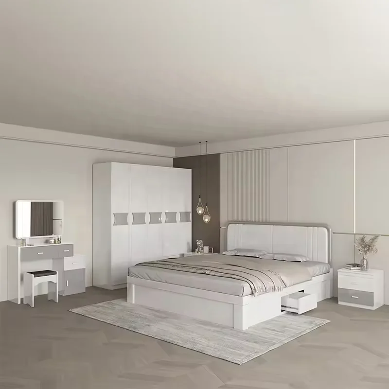 Customized white High Gloss modern bedroom furniture set Queen King Bed Night Cabinet