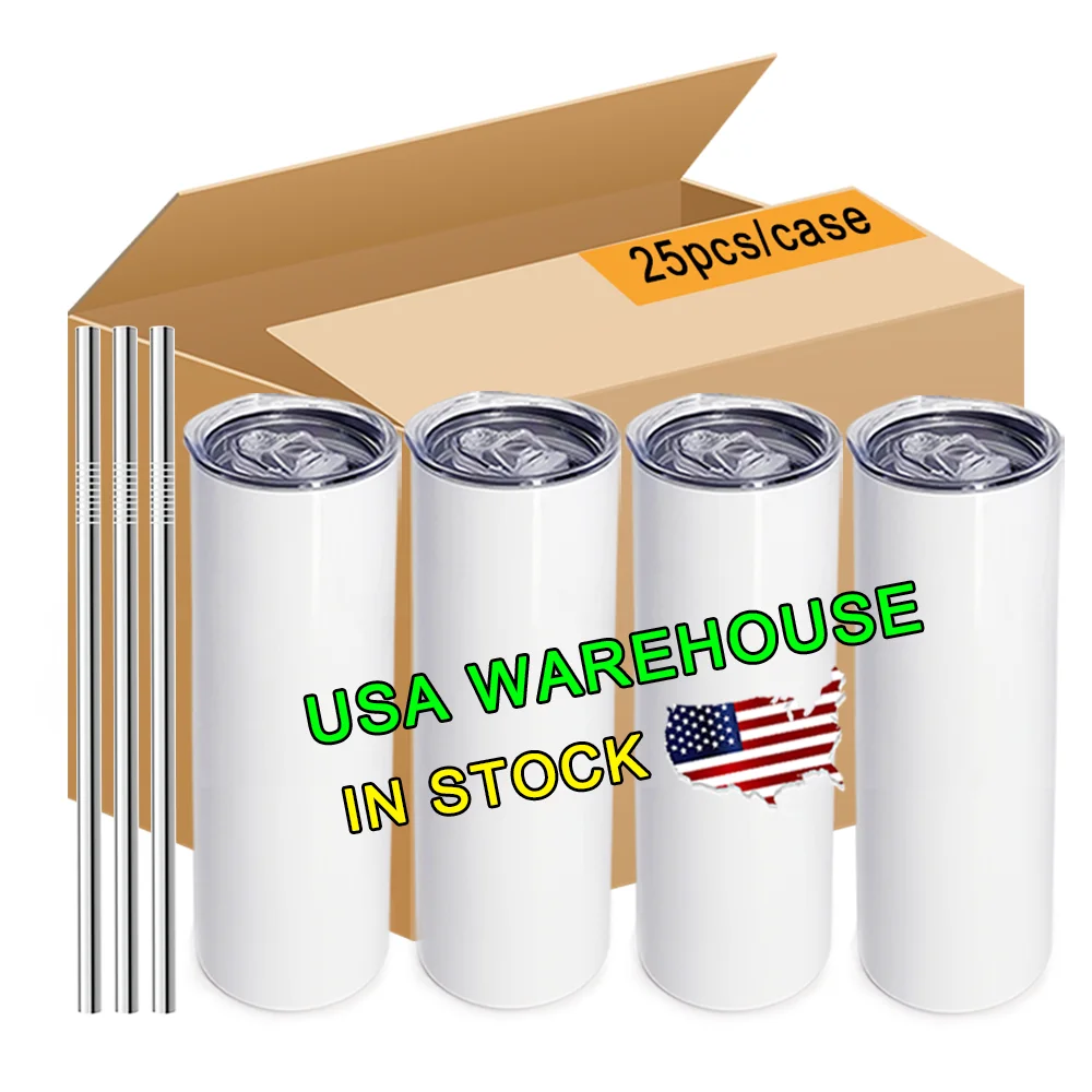 stocked in US warehouse white stainless steel coffee cup sublimation blanks 20oz skinny straight  tumbler