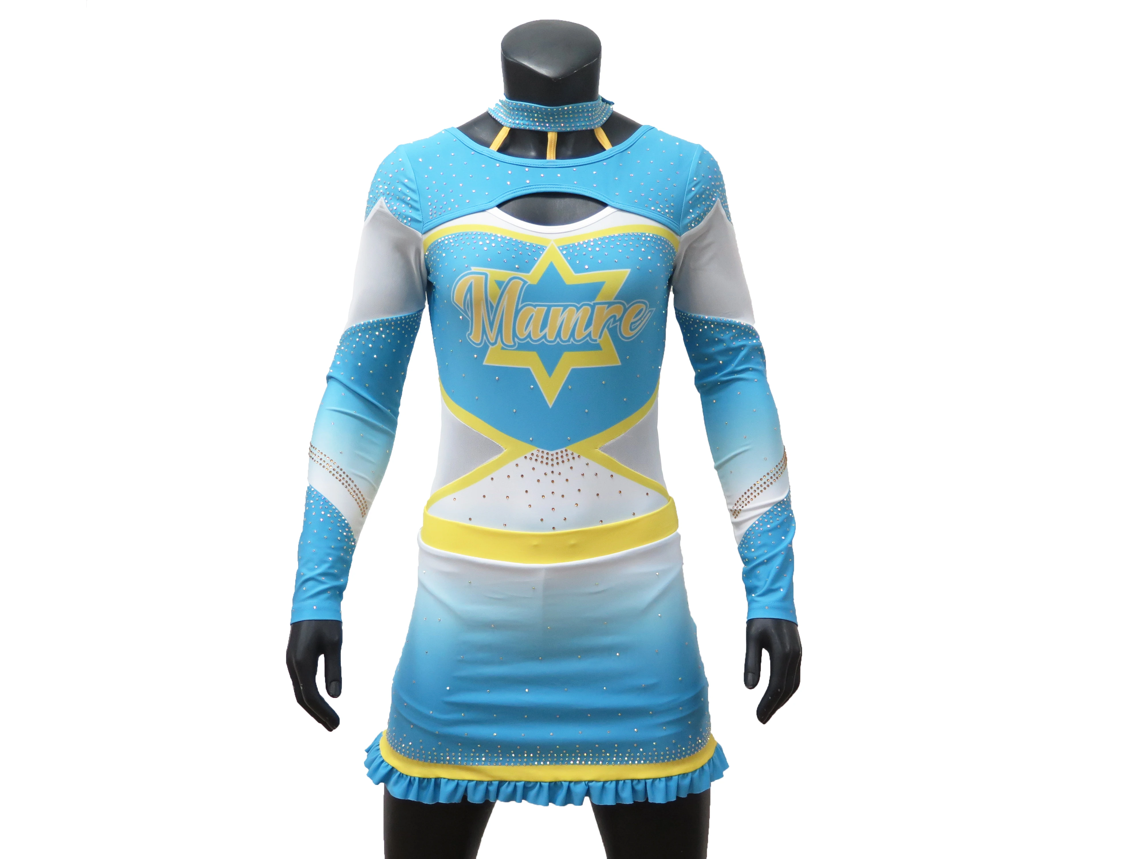 Оптовая продажа, дизайнерская униформа для чарлидинга с длинным рукавом для девушек со стразами, сублимационная одежда