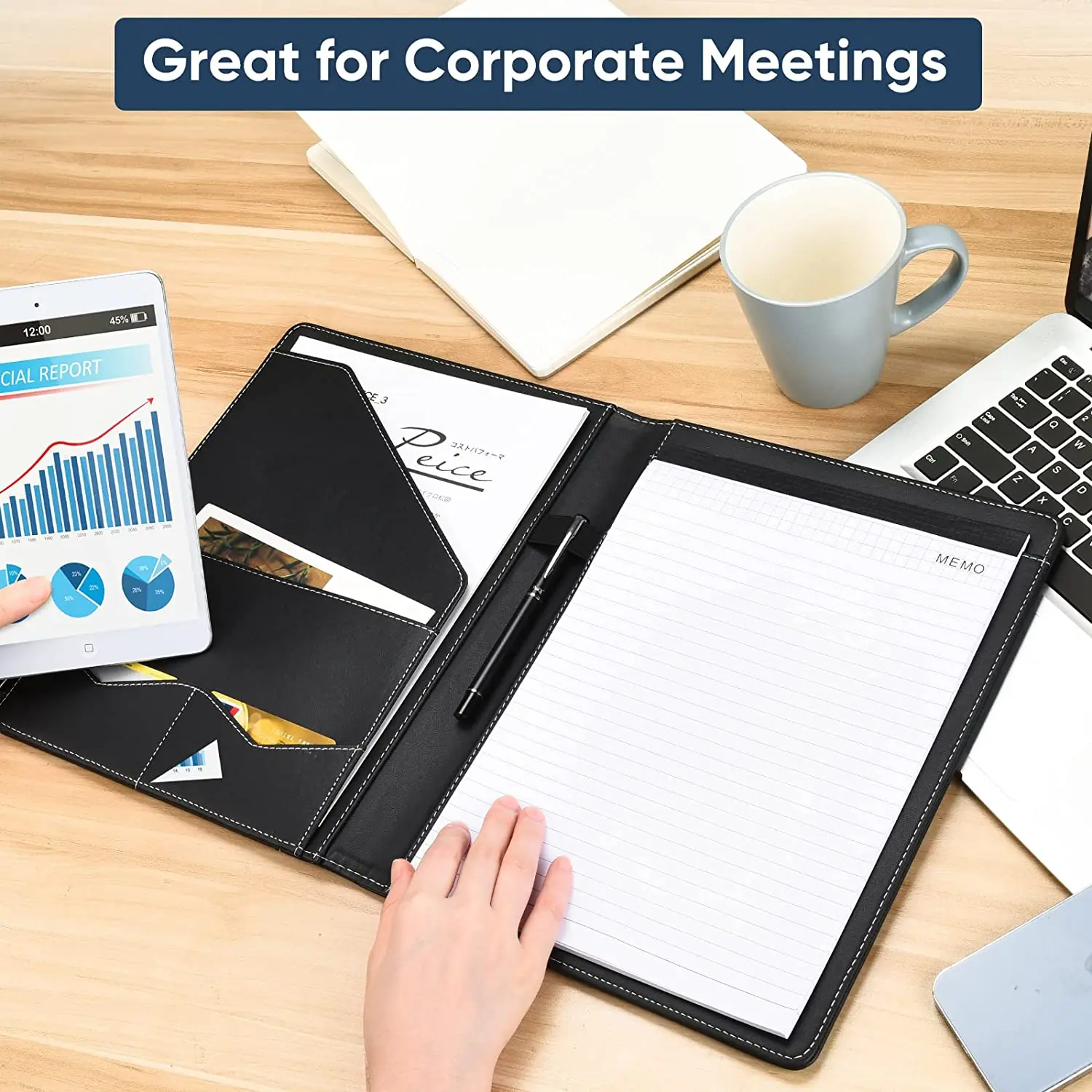 Portfolio Leather Binder Interview Legal Document Organizer Business Card Holder Included Letter Sized Writing Pad