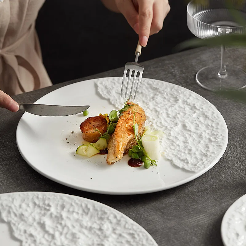 Novelty Rock Stone Ceramic Serving Platter Round White Porcelain Irregular Dinner Plate Steak Pasta Dishes Plates for Restaurant
