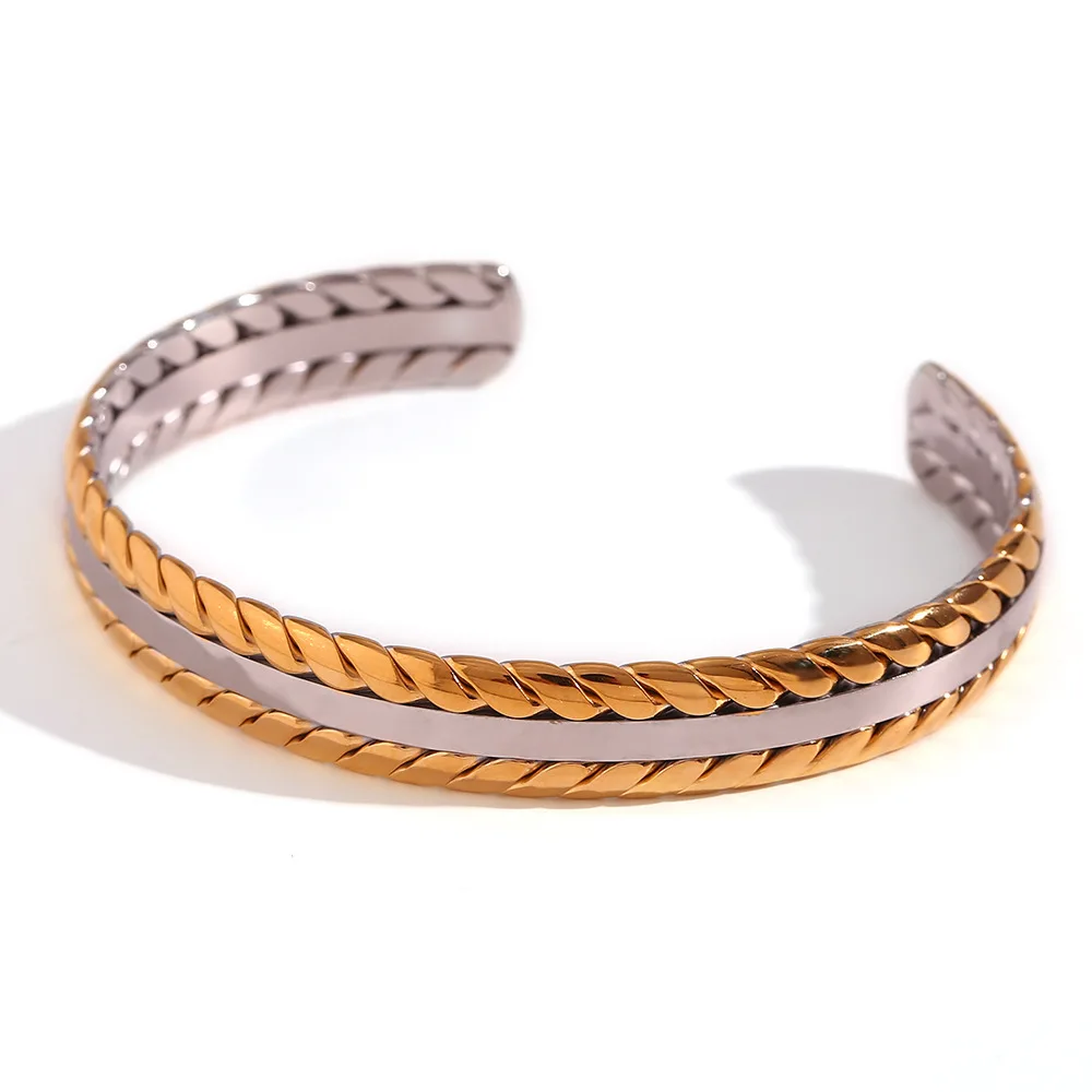Woven Waterproof Fasteners Stainless Steel Plated 18K Braided Open Bracelet for Women
