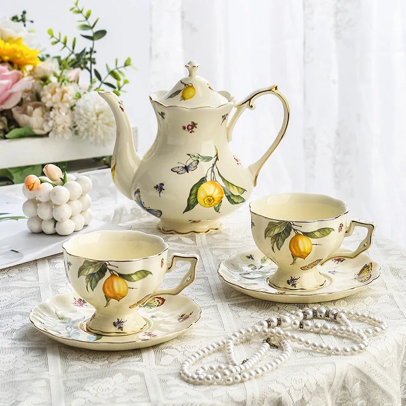 Royal french gold rimmed lemon pattern ceramic coffee & tea sets modern style luxury coffee and tea sets