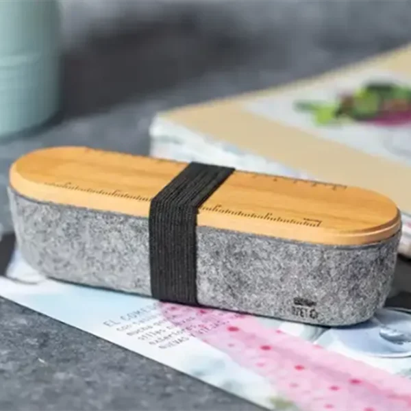 100% RPET felt storage box desk organizer with bamboo lid and elastic strap With ruler and integrated mobile phone holder.