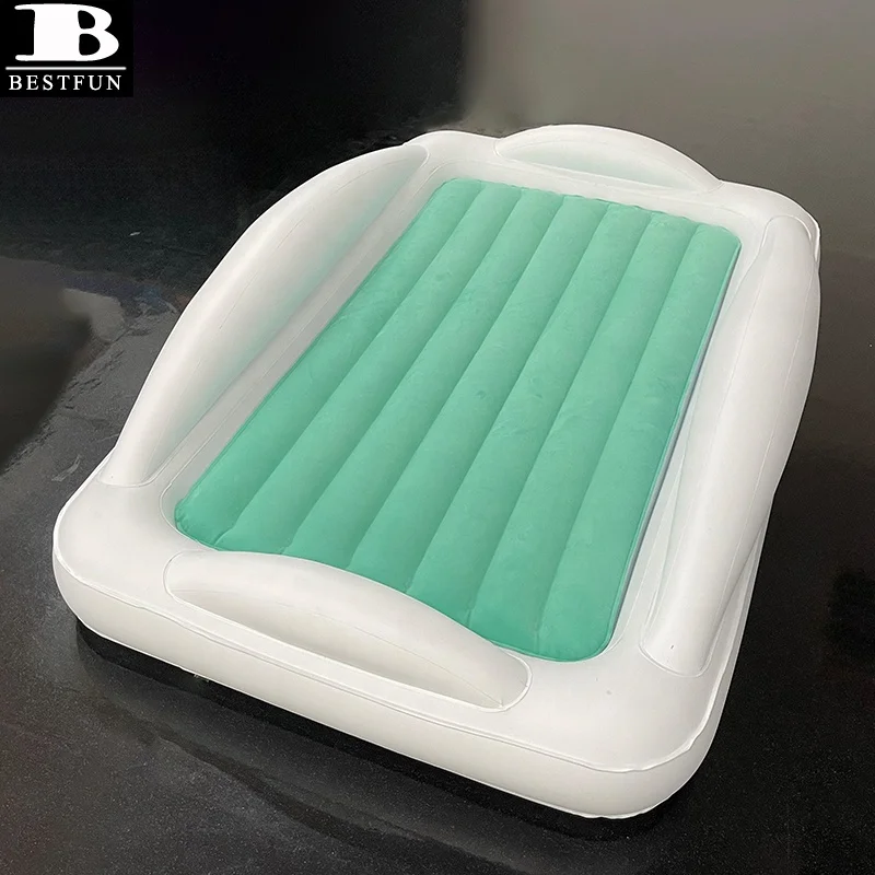 premium downy flocking surface inflatable toddler travel bed with 4-sided safety bumpers folding portable infant air mattress