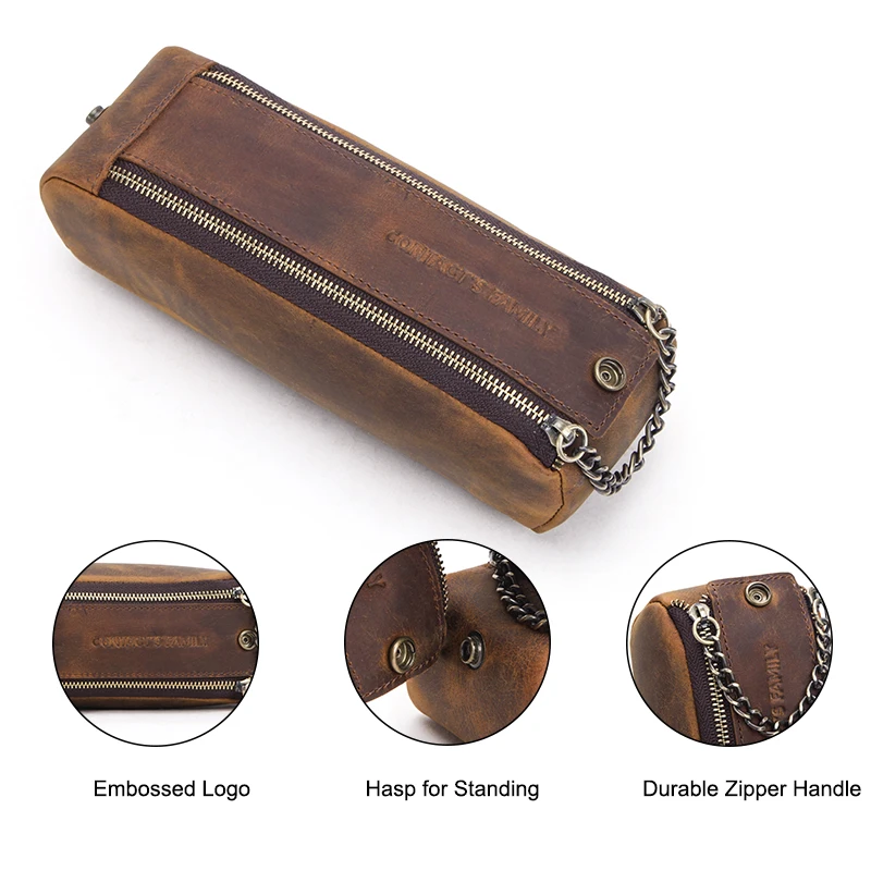 School Stationery Large Capacity Carrying Drawing Sketching Crazy Horse Leather Pencil Case Box with Zipper Strap Pencil Bag