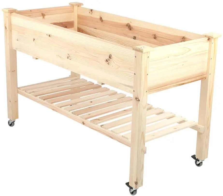 Raised Garden Bed Elevated Wood Planter Box Outdoor Raised Wooden Planter Garden Grow Box with Legs, Lockable Wheels and Storage