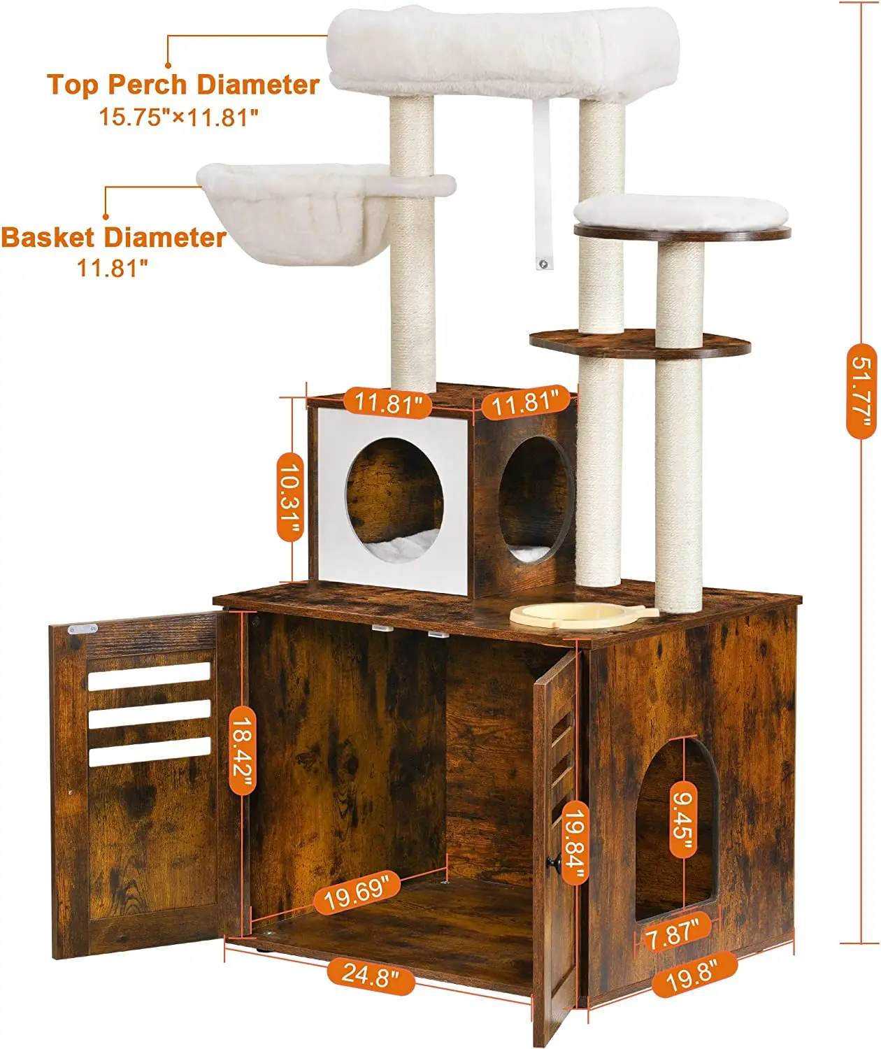 Cat Tree, Wood Litter Box Enclosure with Food Station, All-in-one Indoor Cat Furniture with Large Platform and Condo