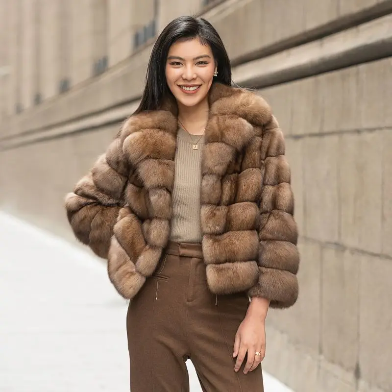 Luxury Smooth Classic Primary Color Real Sable Lapel Fur Coat Winter Long Sleeve Fur Jacket For Women