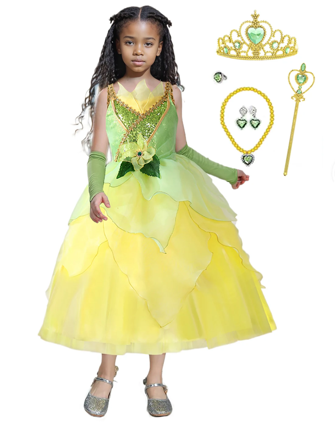 Tiana Princess Dress Girls Halloween Princess Frog Fairy Green Dress Children Birthday Party Costume Outfit
