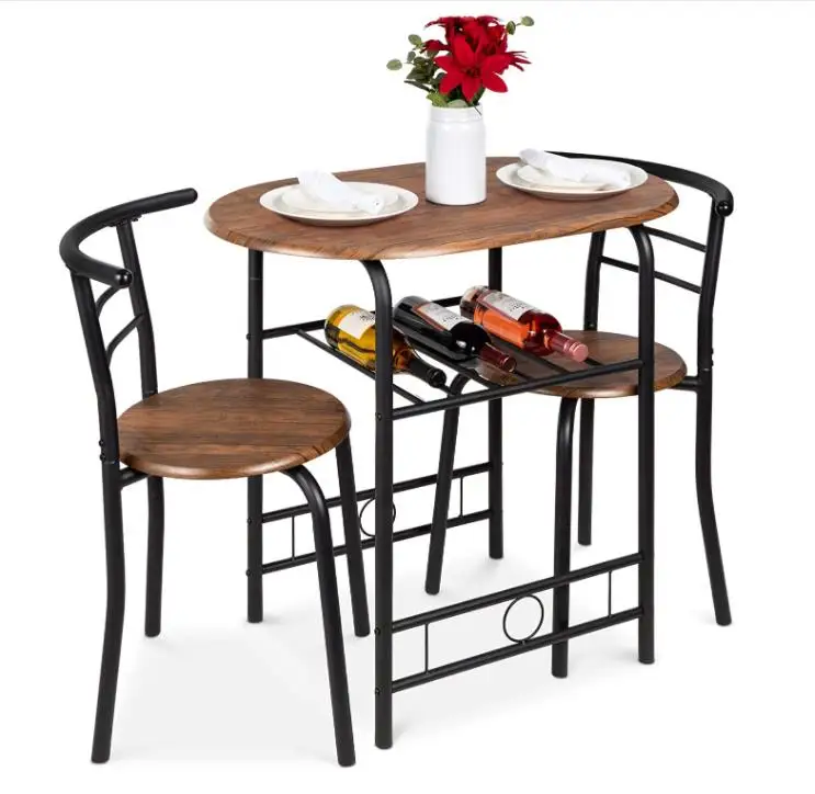 
3-Piece Wooden Round Table & Chair Set for Kitchen, Dining Room, Compact Space w/Steel Frame, Built-in Wine Rack - Black/Brown 