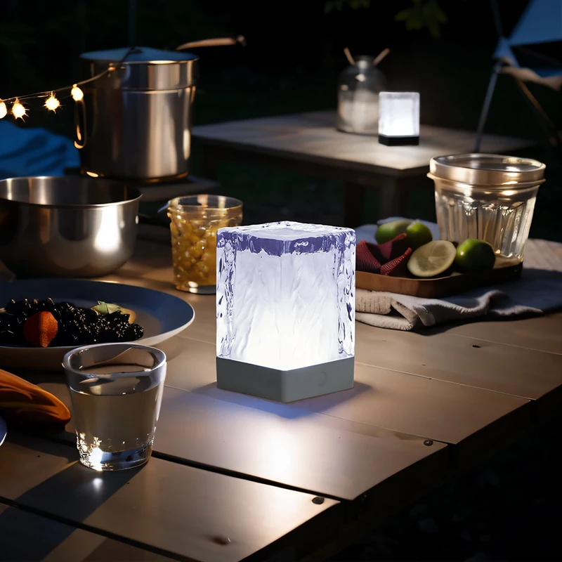 Stylish Ice Rock Texture Touch Control Cool LED Light Rechargeable Square Crystal Table Lamp
