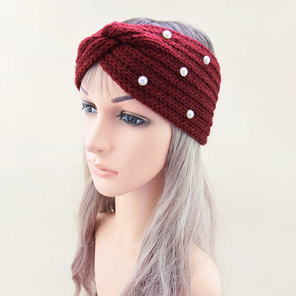 SAIJE New Handmade Pearl Knitted Cross Headbands For Women Girls Winter Headwear Ear Warmer Elastic Hair band