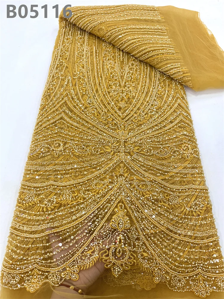 CHOCOO Hot Selling African Luxury Sequins Lace Fabric 2024 Embroidered Yellow Beads Lace Fabric