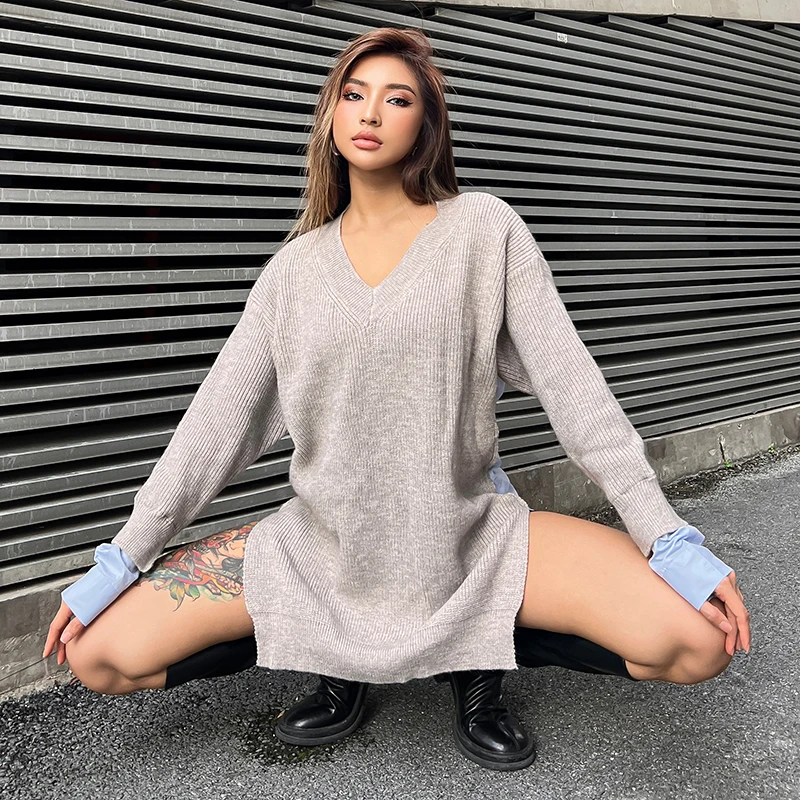 TWOTWINSTYLE Patchwork Colorblock Womens Sweater V Neck Long Sleeve Korean Fashion Pullovers