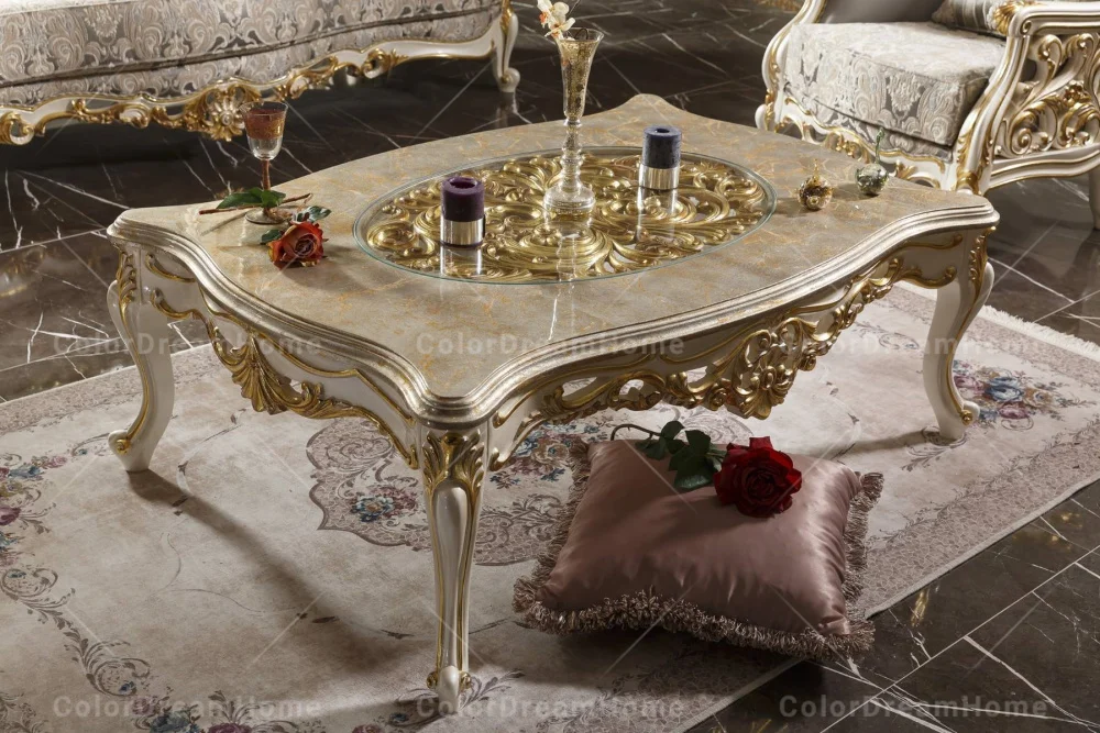Luxury Villa Furniture European Carved White Gold Coffee Table Set Classic Design Glass Top Center Table For Living Room