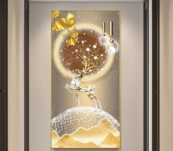 Custom wholesale luxury home Living Room Porch Decor Large Size deer Crystal Porcelain Painting Wall Art Diamond Framed Painting