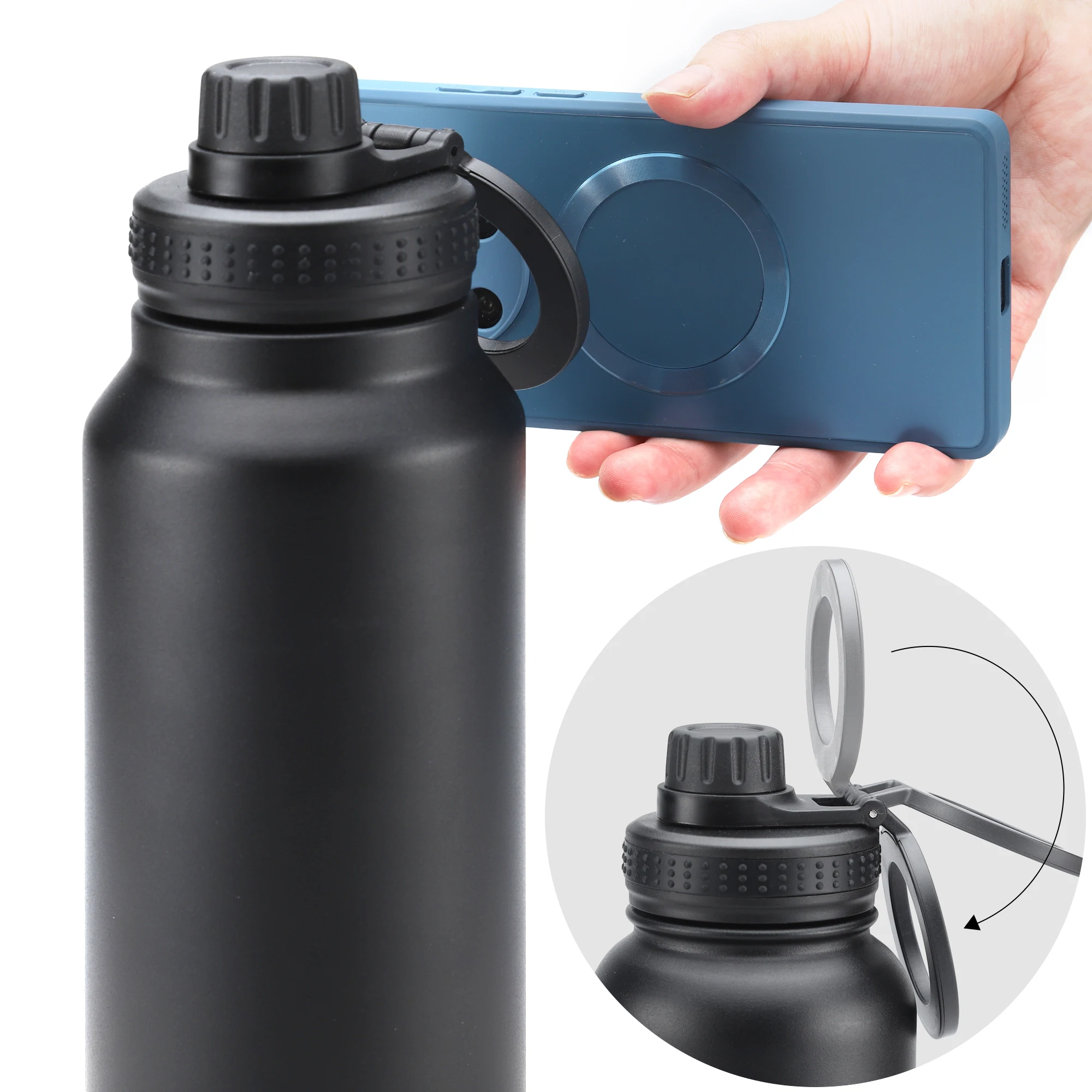 Stainless steel water bottle with Magnetic lid phone holder, Magnetic attraction your mobile phone, Adapt to multiple capacities