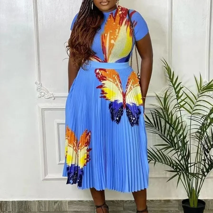 New style fashion short sleeve T-shirt+ruched skirt sexy casual printed 2 pieces sets temperament suits plus size women clothing