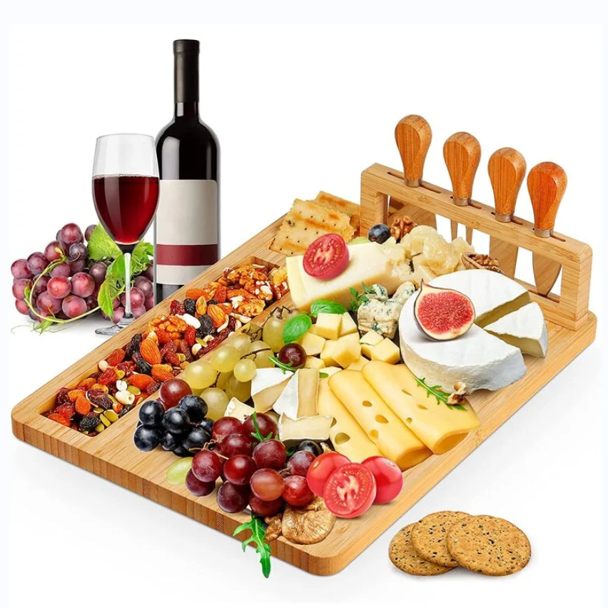 Unique Gift Bamboo Cheese Board Knife Set Serving Tray for Crackers Meat Wine, Wood Charcuterie Platter with Cutlery Drawer