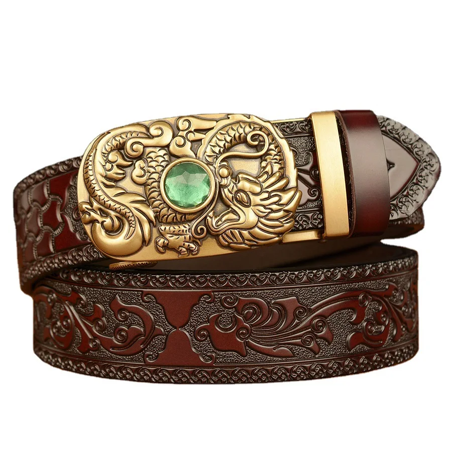 Genuine Leather Belts For Men Dragon Rhinestone Bead Automatic Buckle Belt Cowhide Designer Mens Belts