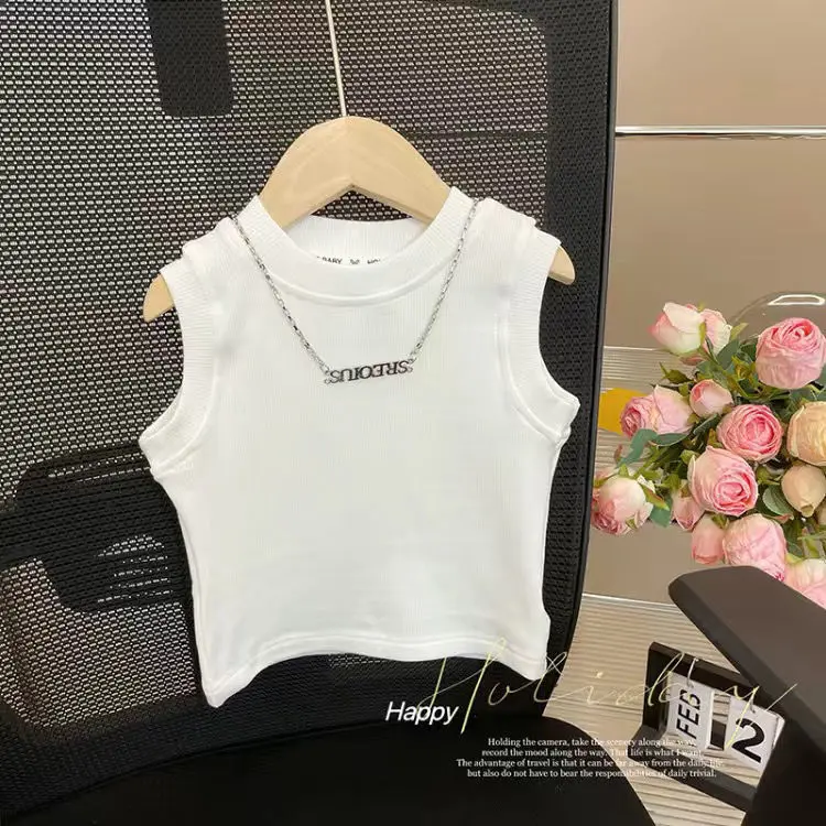 2024 Wholesale Summer Baby Children Tops Sleeveless Cotton Print Casual Girls T-shirts