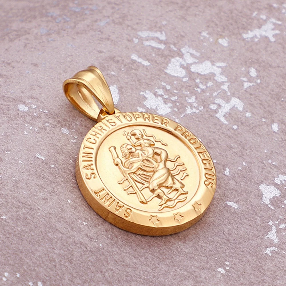 MECYLIFE Stainless Steel Gold Plated Medallion Saint Christopher Protect Us Religious Jewelry Men Coin Necklace