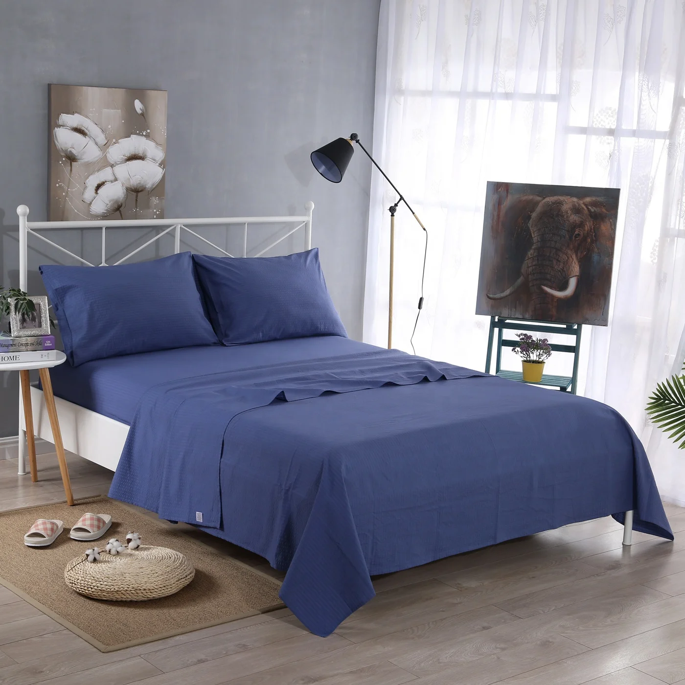 Factory wholesale 100% cotton dyed solid seersucker bedding sheet set 4 piece set bedding set