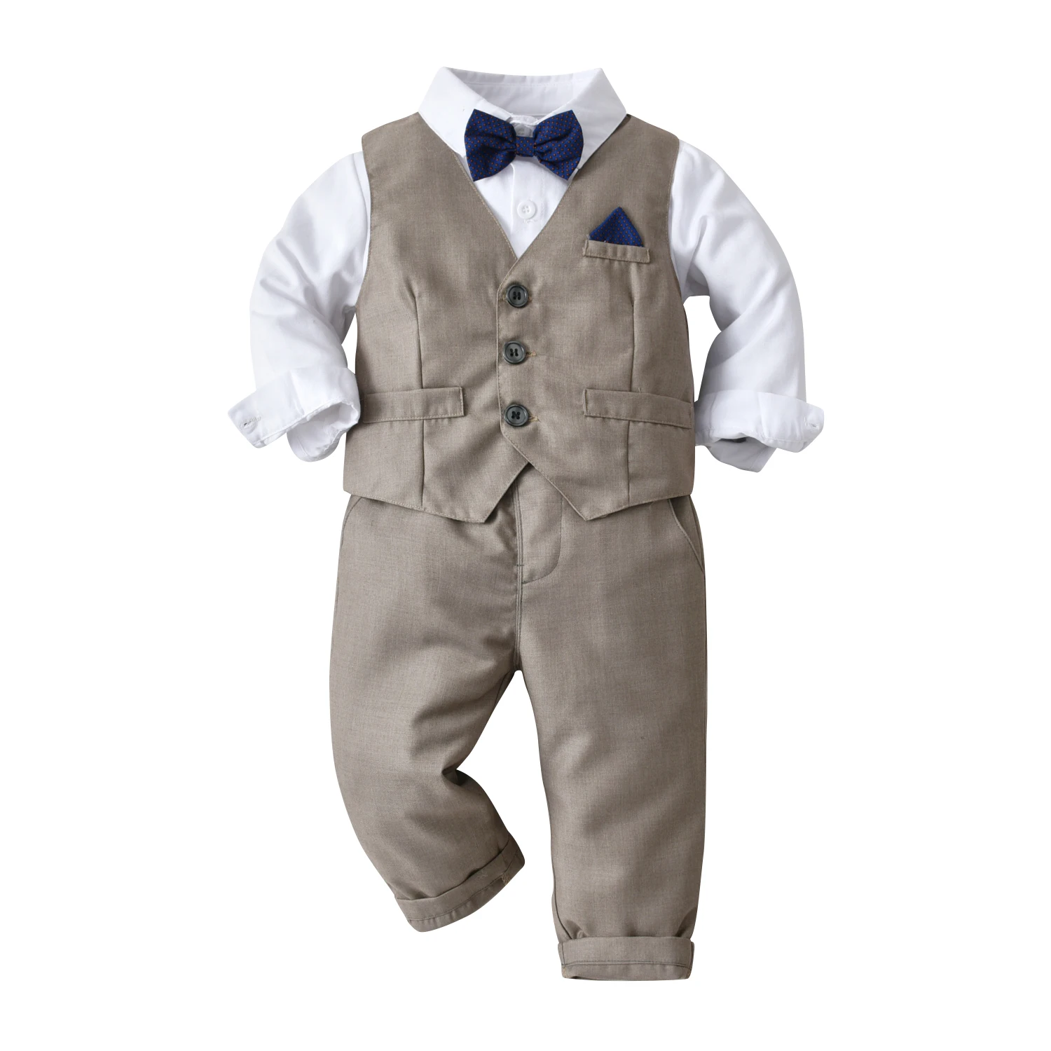 New long sleeve single breasted shirts tops bow tie pants vest 3pcs gentleman boys clothing sets