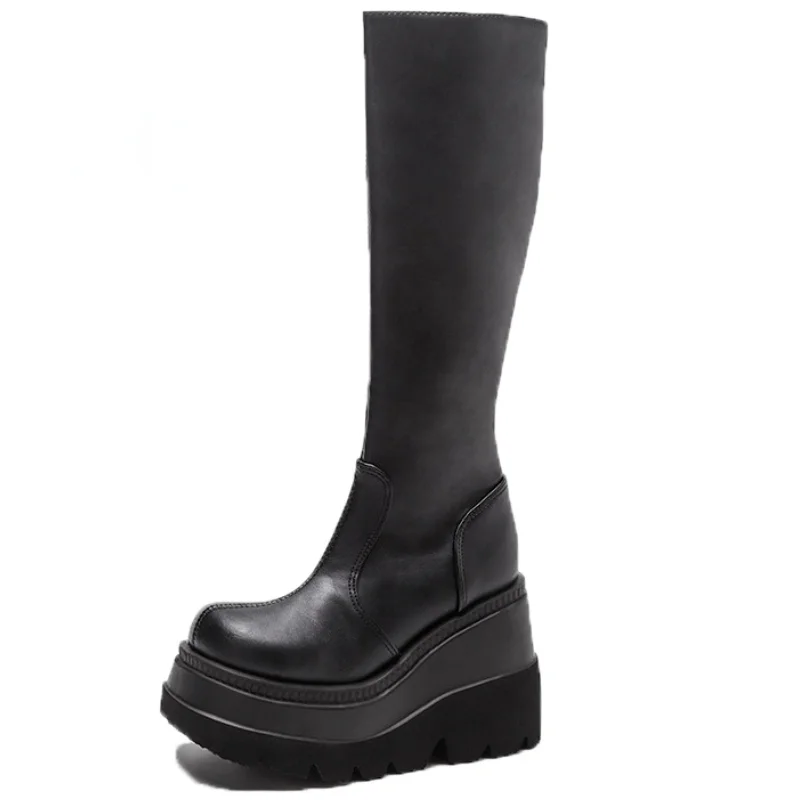 Женские готические ботинки на платформе, нескользящая обувь из искусственной кожи на танкетке, на толстом высоком каблуке