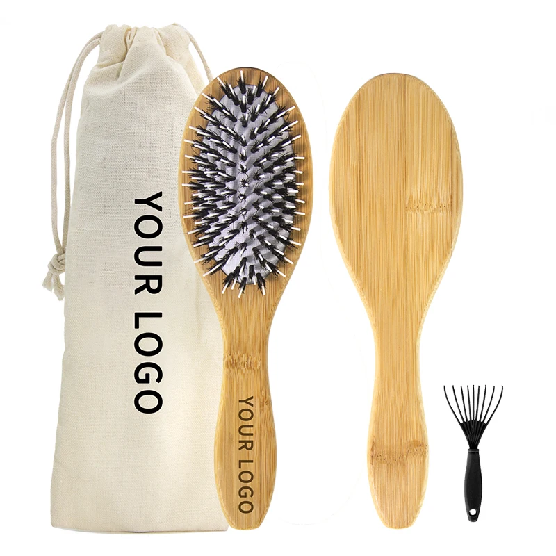 Hot Selling Private Label Hair Extension Brush Logo Low MOQ Anti Static Natural Wood Bristle Wig Brush