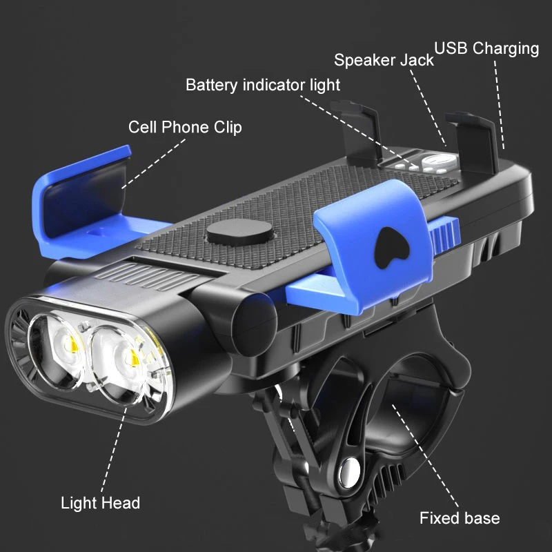 4 in 1 500LM USB Rechargeable Bike Front Light with Horn 130db Speaker Phone Holder Bicycle LED Light