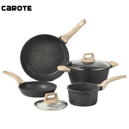 Carote OEM 7pcs Cast Aluminum Cooking Pots and Pans With Induction Bottom Non Stick Cookware Sets Granite Kitchen Utensils