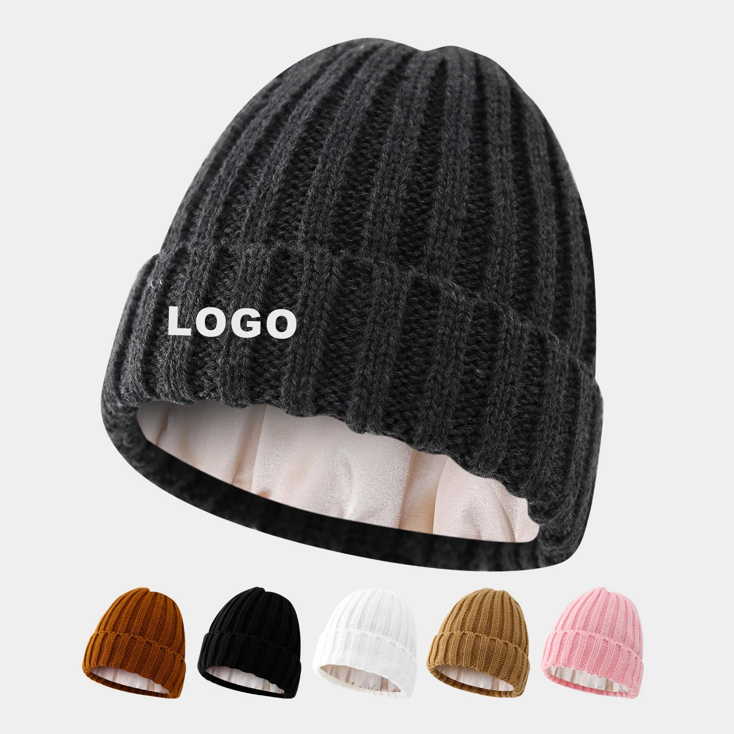 Custom Winter Unisex Satin Lined Beanie Hats Women Silk Lining Cuffed Knit Hat Satin Lined Skull Cap