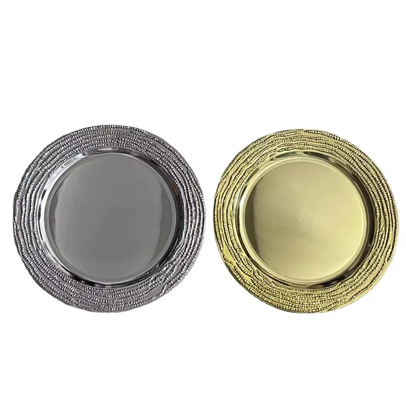 2023 new arrival wedding metallic gold round bead rim acrylic plastic charger plates 13inches