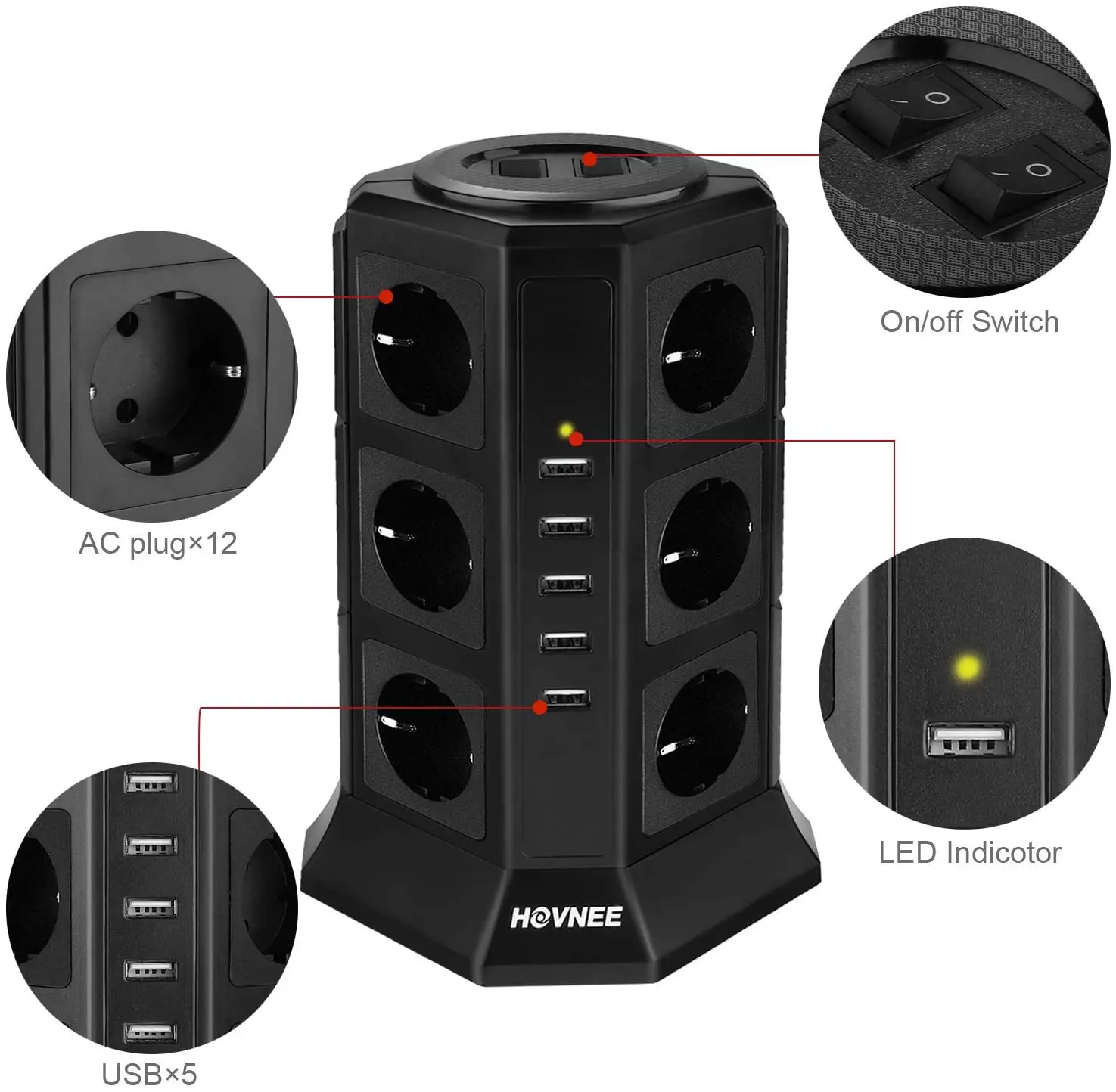 Household socket 16A 4000W USB Vertical Socket EU Plug 2m Extention Cord