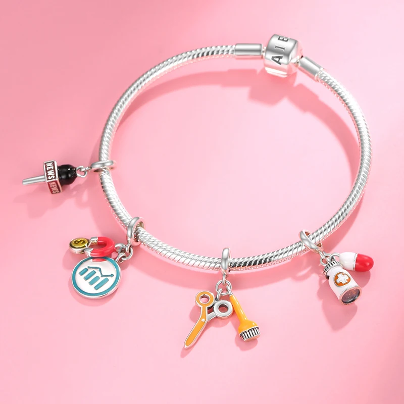 Creative Life Microphone Brush Pendant S925 Sterling Silver Color Epoxy Beaded Bracelet DIY Silver