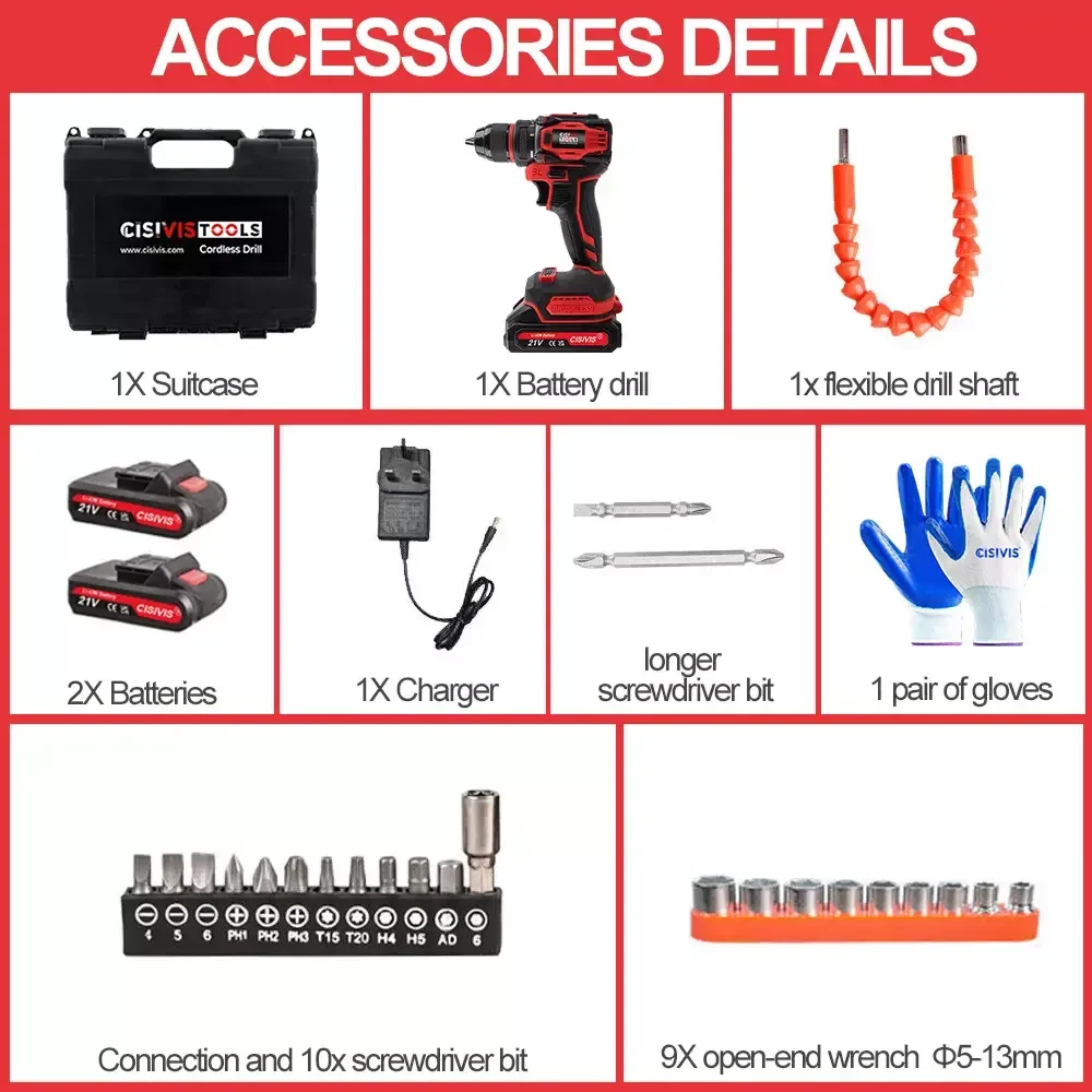 CISIVIS 21V Brushless Cordless Drill Set Power Tool Kit Including Impact Drill Machine Lithium Power Drills Power