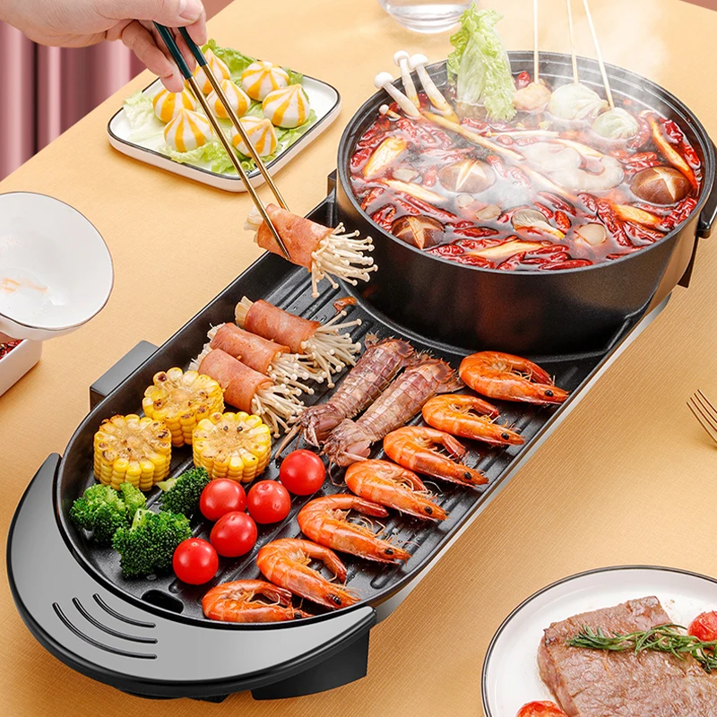 Amazon Hot Sale Electric BBQ Vegetable Grease Filter Grill Hot Pot Barbecue Grill With Basket Pan Set