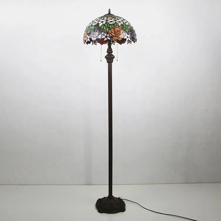 LongHuiJing Tiffany Floor Lamp with Stained Glass Rose Pattern Shade
