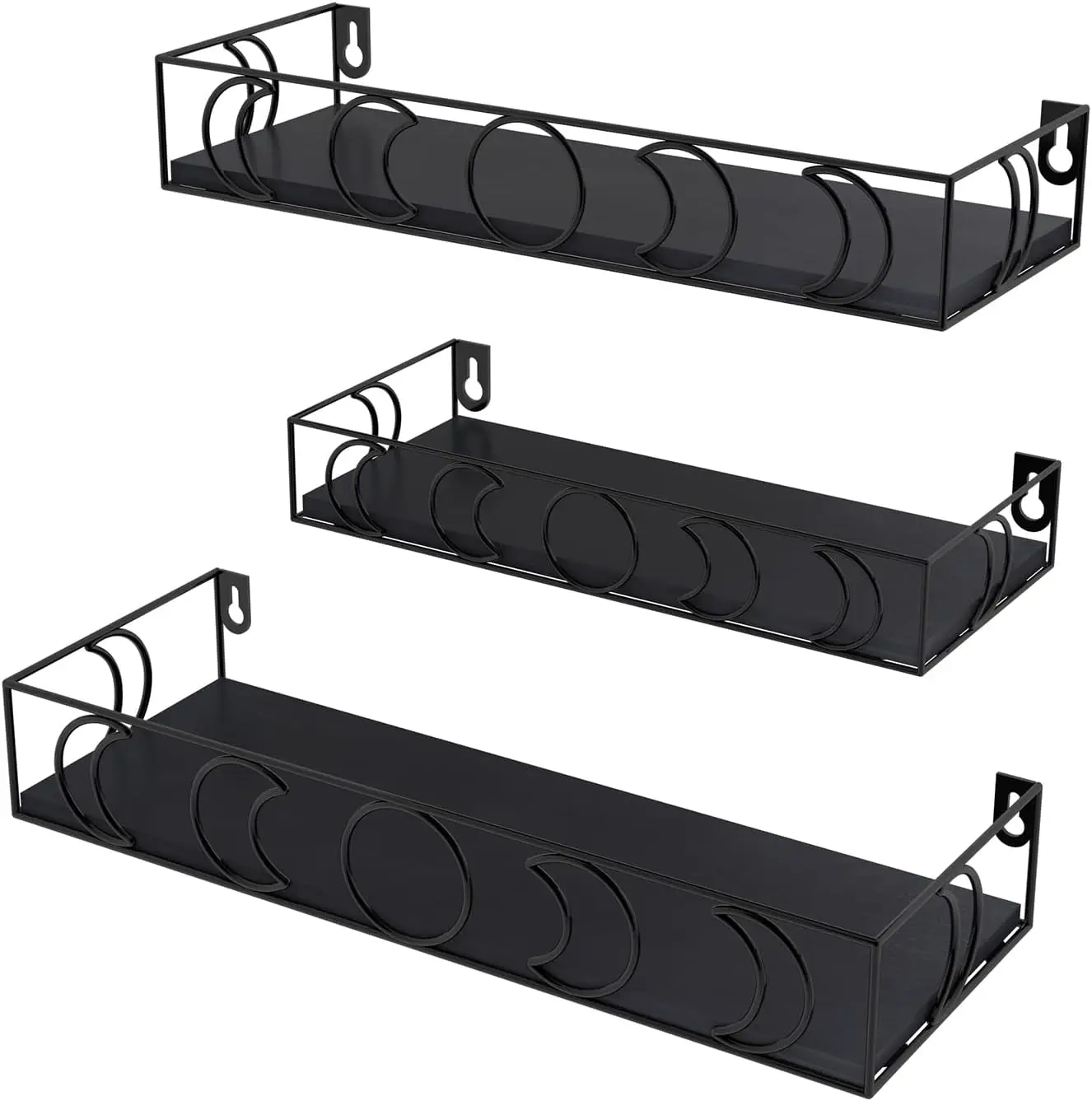Custom Set of 3 Black Small Decorative Floating Shelves Moon Phase Wall Shelf Made Wood Standing Type Installation Clothing Use