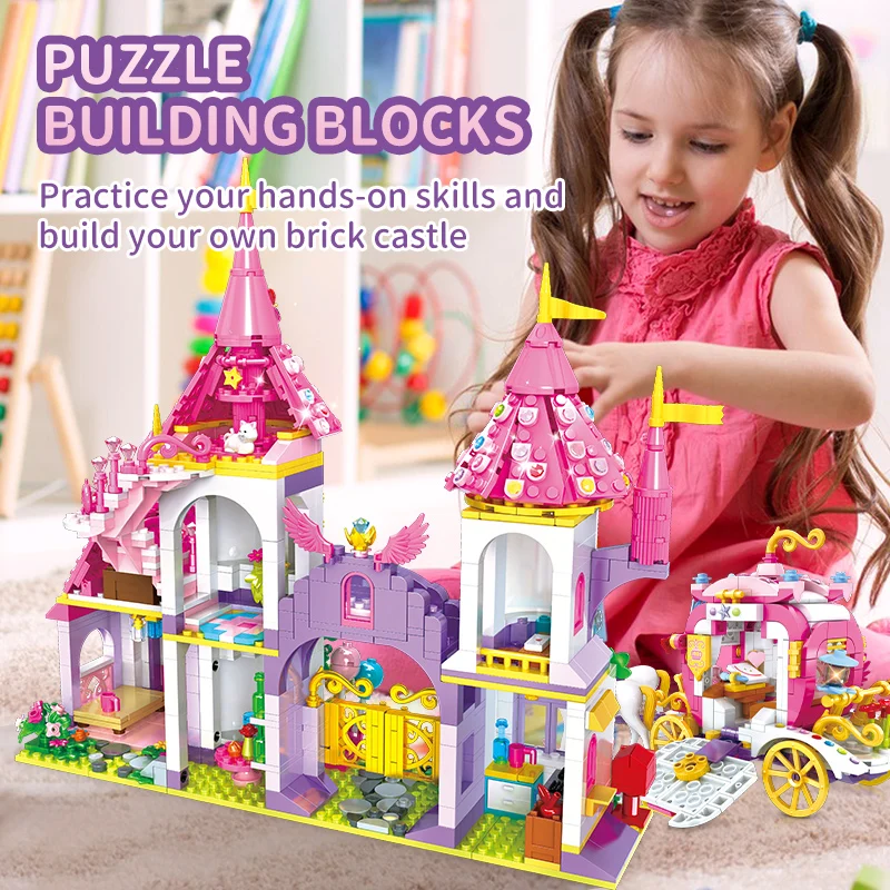 WOMA TOY Student Educational Girl Princess Prince Fairyland Castle Carriage Model Building Block Brick Set Toys Child Play House