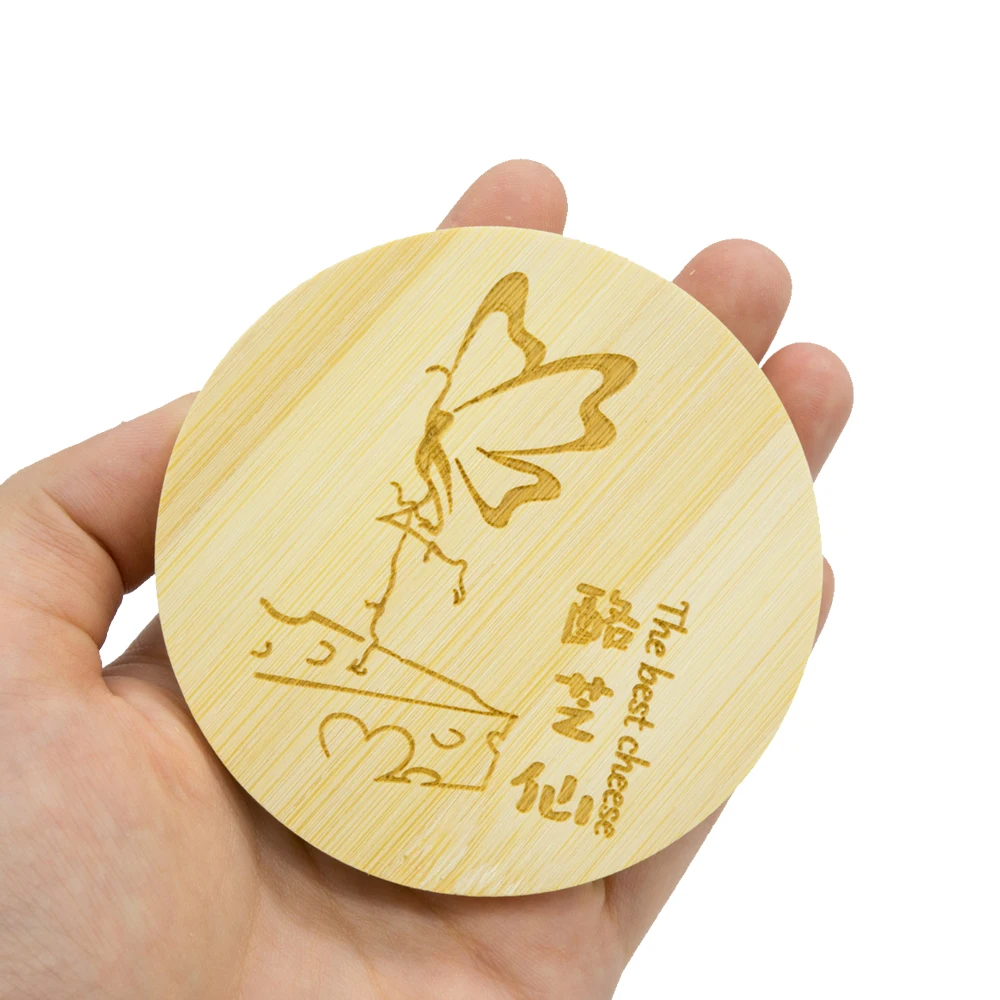 Natural Color Factory Customize Logo Seal Ring Airtight Wooden Bamboo Mason Jar Caps Lid with Hole for Straw 86 mm