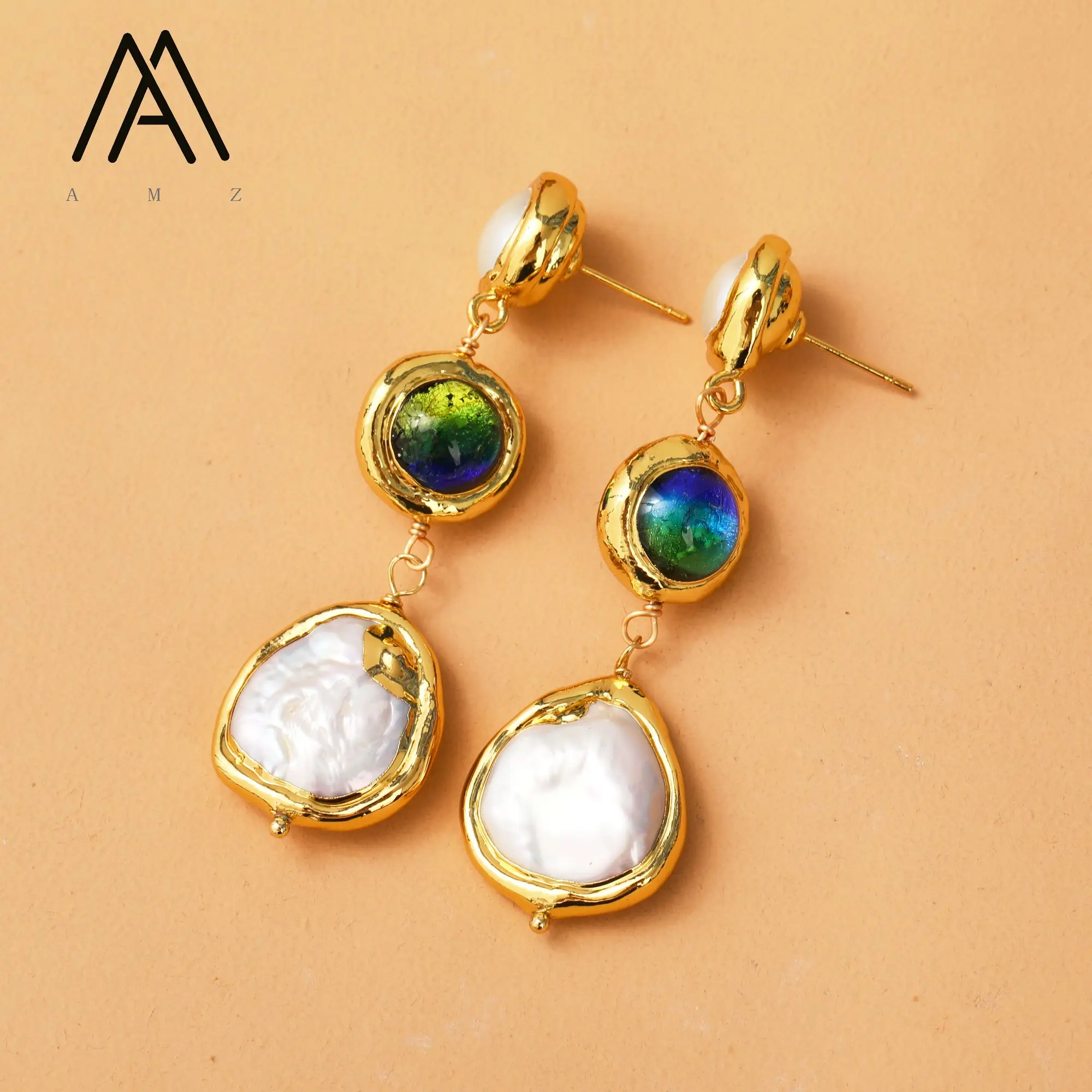 Long Gold-Plated Baroque White Pearl Earrings for Women Vintage Style Water Drop Design with Glaze Glass Beads